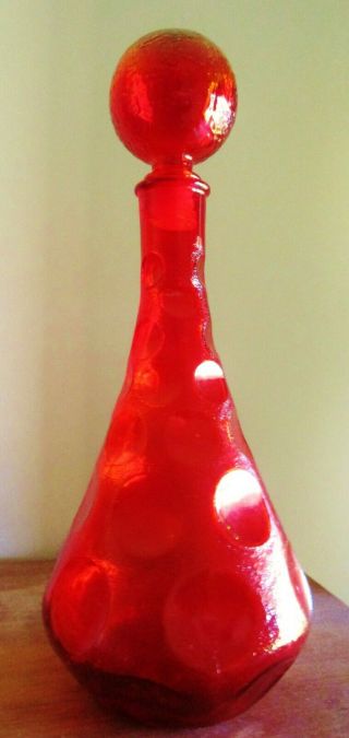 Red Retro Vintage Really Red Italian Art Glass Genie Bottle Decanter & Stopper