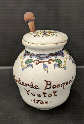 Vintage Digoin Sarreguemines Mustard Pot 1735 France Jar W/lid & Wooden Spoon