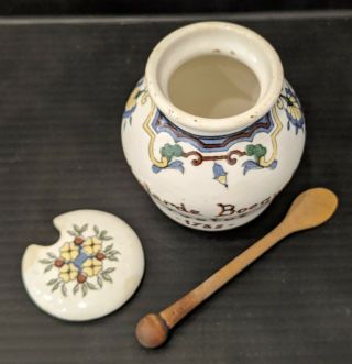 Vintage Digoin Sarreguemines Mustard Pot 1735 France Jar w/Lid & Wooden Spoon 2
