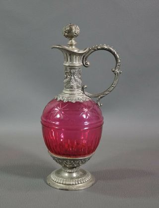 19c.  French Baccarat Ruby Cranberry Glass Cut Crystal Pewter Mounted Cruet Ewer