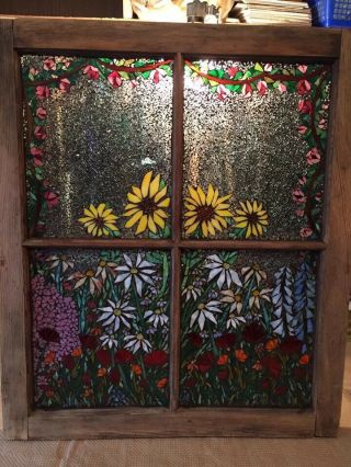 Mosaic Window Art Hand Crafted Stained Glass 25x27 Flower Garden 2