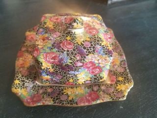 Hazel By Royal Winton Square Covered Butter Dish Chintz Black With Roses England