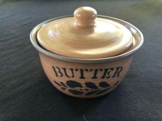 Pfaltzgraff Folk Art Vintage Butter Tub,  Tan/blue Stencil