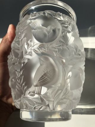 Lalique France Heavy Frosted Bird Designs Vase Signed 3