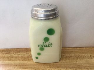 Mckee Custard Milk Glass Green Dot Salt Shaker Roman Arch Lid