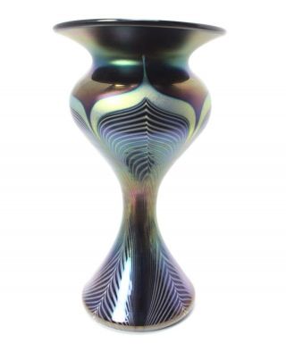 Abelman Iridescent Aurene Art Glass Peacock Vase Signed Dated 1980