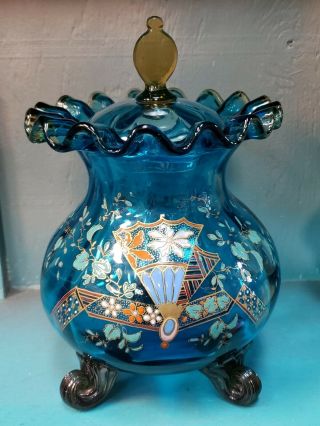 Circa 1880 Bohemian Cobalt Moser Glass Enamel Painted Footed Bulbous Jar
