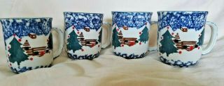 4 Blue Sponge Folk Craft Tienshan Christmas Cabin In The Snow Coffee Mugs Cups