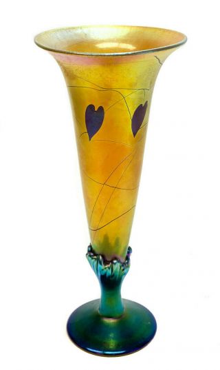 Lundberg Studio Glass Gold Favrile Flared Trumpet Vase,  Heart Leaf & Vine,  2002