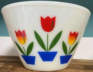 Fire King Tulips On White/ivory 7 Piece Mixing Bowl Set Grease Jar/lid Salt & Pe