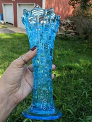 Dugan Carnival Glass Basket Weave Vase Ice Blue 2