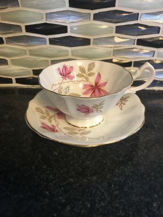 Vintage Queen Anne Pink Columbine Flower Footed Tea Cup & Saucer Bone China Gold
