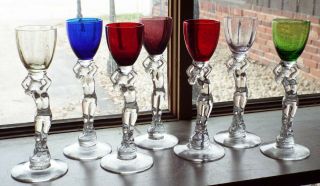 Set of 7 Vintage CAMBRIDGE Art Deco NUDE LADY Figural BRANDY GLASSES Cordials 2
