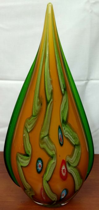 Italian Murano Sommerso Art Glass Teardrop 14 1/2 " Aventurine Millefiori Vase