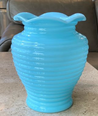 Mckee Chalaine Delphite Blue Milk Glass Horizontally Ribbed Sarah Flower Vase