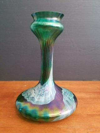 Antique Bohemian Loetz Glass Kralik Rindskopf Green Iridescent Vase 10 3/8 " Euc