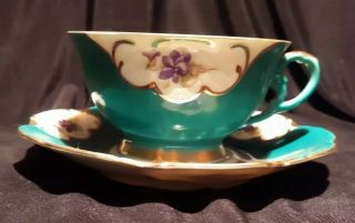 Vintage Winterling Bavaria Germany Tea Cup And Saucer Green Purple Gold