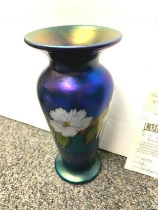 Lundberg Studios Signed Studio Art Glass Hibiscus Blue Luster Vase 7.  5 " Tall