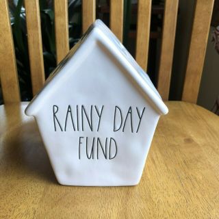 Rae Dunn " Rainy Day Fund " Bank White W/ Black Letters Birdhouse Style