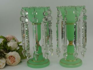 Pair Green Opaque Uranium Glass Tulip Shaped Mantle Lustre Vases Victorian 2