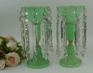 Pair Green Opaque Uranium Glass Tulip Shaped Mantle Lustre Vases Victorian 3