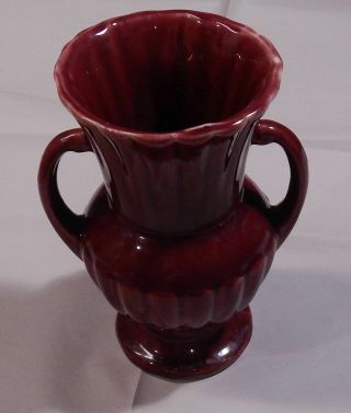 Vintage Art Pottery Handled Maroon Burgundy Glaze Vase Usa 7 1/2 "