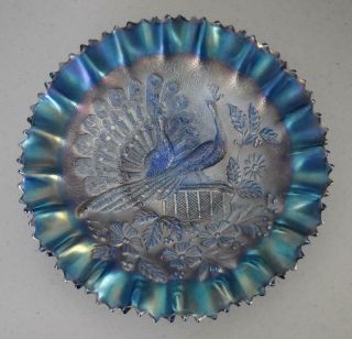 Northwood Carnival Glass Peacocks On Fence Renninger Blue 9 " Bowl Pie Crust Edge
