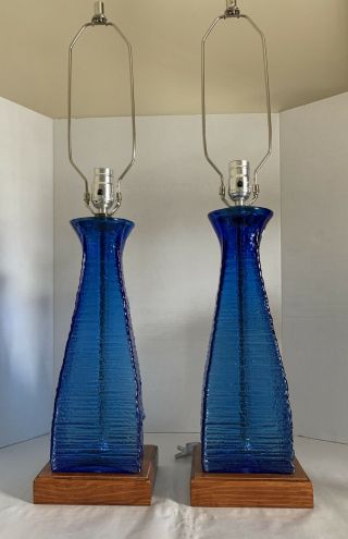 Pair Vintage Mid Century Blenko Blue Glass Table Lamps Wayne Husted 6227