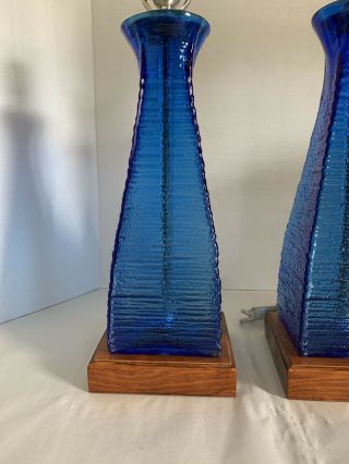 Pair Vintage Mid Century Blenko Blue Glass Table Lamps Wayne Husted 6227 2