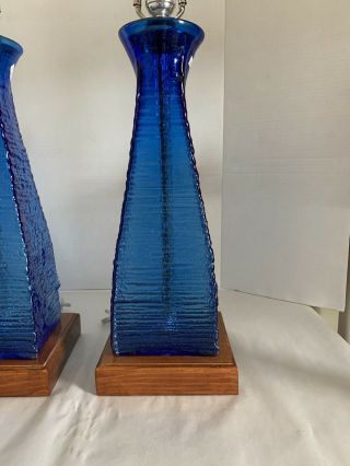 Pair Vintage Mid Century Blenko Blue Glass Table Lamps Wayne Husted 6227 3