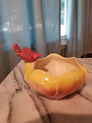 Vintage Royal Copley Art Pottery Planter Vase With Pink Bird Yellow Flower