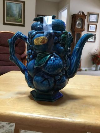 Vtg Inarco Mood Indigo Blue Ceramic Teapot W/ Lid Fruit Grapes Leaf Design Japan