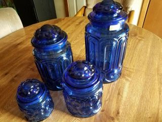 L E Smith Glass Moon And Stars Cobalt Blue Canister Set