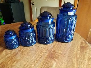 L E Smith Glass Moon and Stars Cobalt Blue Canister Set 2
