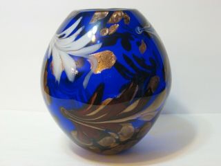 Vtg Murano Aventurine Feather Art Glass Vase 8.  5 ",  Red/cobalt Blue/gold,