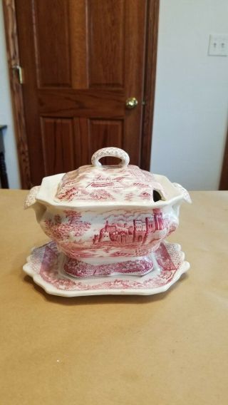 Vtg Small Porcelain Ware Japan Red Transferware Soup Tureen With Lid,  Underplate