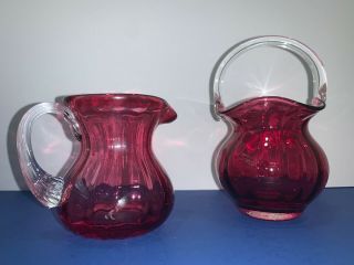 Cranberry Hand Crafted Nantucket Glassworks Cream Pitcher And Sugar Basket
