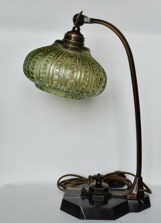 Antique Art Nouveau Bohemian Loetz Glass Bronze And Marble Table Lamp
