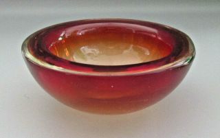 Italian Mid Century Modern Murano Amber Glass Bowl With Submerged Red Glass