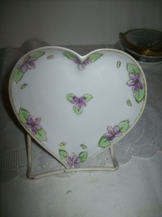 Vintage Porcelain Heart Shaped Hand Painted Nippon Trinket Dish Violets & Gold