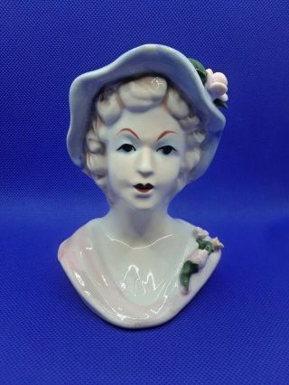 Vintage Ceramic Mid - Century Lady Head Vase/planter,  Blue Hat,  Blonde Hair