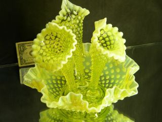 Fenton " Diamond Lace " Vaseline Opalescent Fine Art Glass Flower Epergne