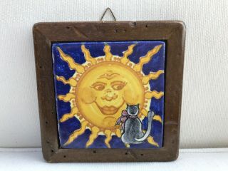Hand - Painted Glazed Ceramic Art Tile Of Cat And Smiling Sun