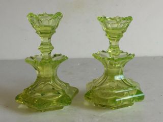 Pair Antique Uranium Vaseline Baccarat Bohemian Cut Glass Perfume Bottles 4.  5 "