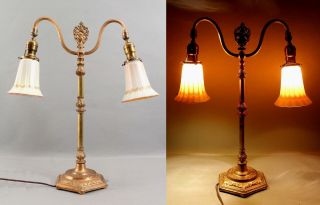Antique Brass Desk Lamp Signed Hand Blown Steuben Gold Aurene Art Glass Shades