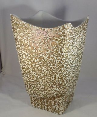Midcentury Stanford Sebring Ohio Pottery Vase 9 " Tall Square Gold White Spatter