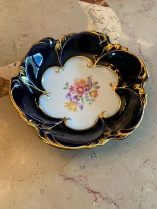 Vintage Jl Menau Von Henneberg Cobalt Blue Hand Enamel Floral Gold Compote Dish