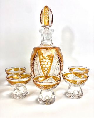Bohemian Lead Crystal Amber Cut To Clear Decanter/5 Glasses - Grapevines Pattern