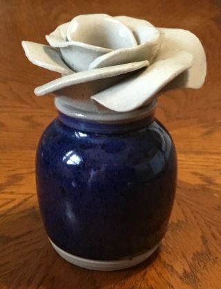 Judy Pottery Blue Colored Floral Flower Pot Bud Vase Candle Holder