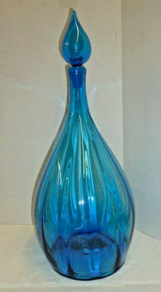 Blenko Vintage Blue Art Glass Decanter W/ Stopper Mid Century Modern 22 " Tall